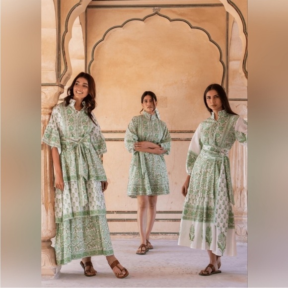 Sue Sartor Ibiza Triple Tier Hostess Maxi Dress Basil/Cardamom Size Large - Picture 3 of 12